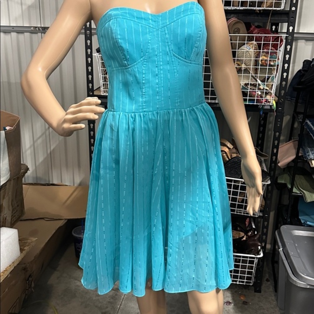 Guess Women’s Strapless “Corset” Turquoise Metallic Striped Summer Dress size 8